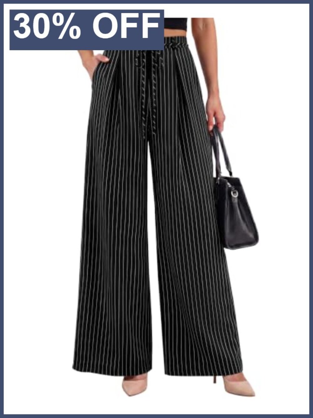 Wide Leg Striped Trousers with Pockets High Waist Pull On Business Casual